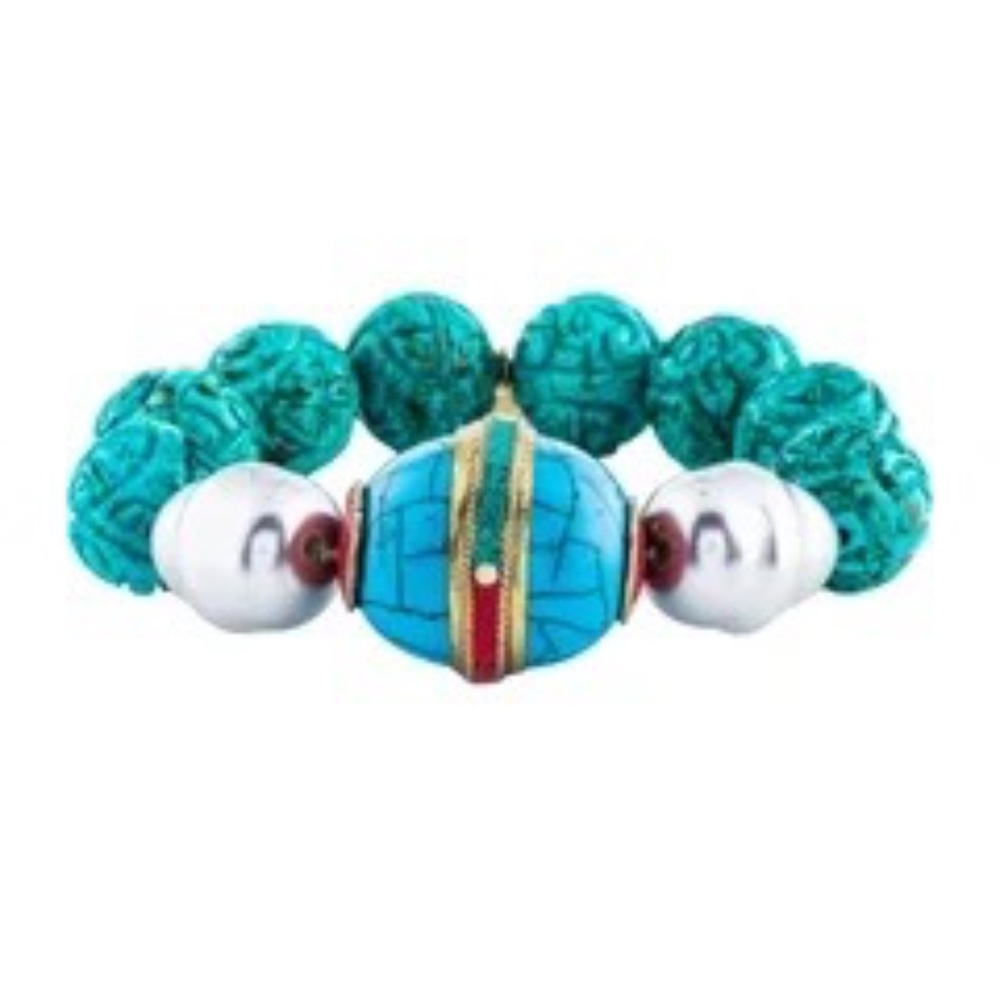 DEVON LEIGH Turquoise, Faux Pearl & Coral Bead Bracelet
